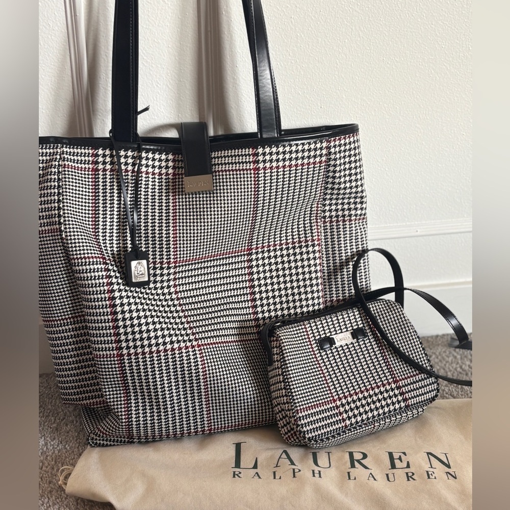 !!SOLD!!Lauren Ralph Lauren Black and White Checkered Tote Bag Set - Picture 1 of 13